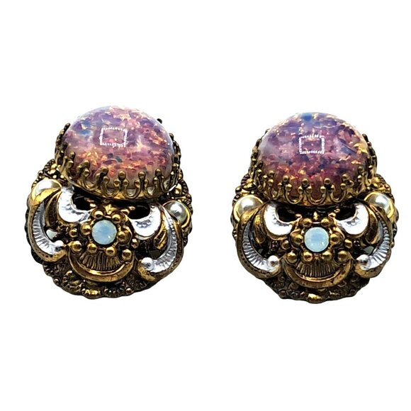 Vintage West Germany Earrings Faux Opal Dragons Breath Enamel Signed Clip On Jew - Picture 3 of 8